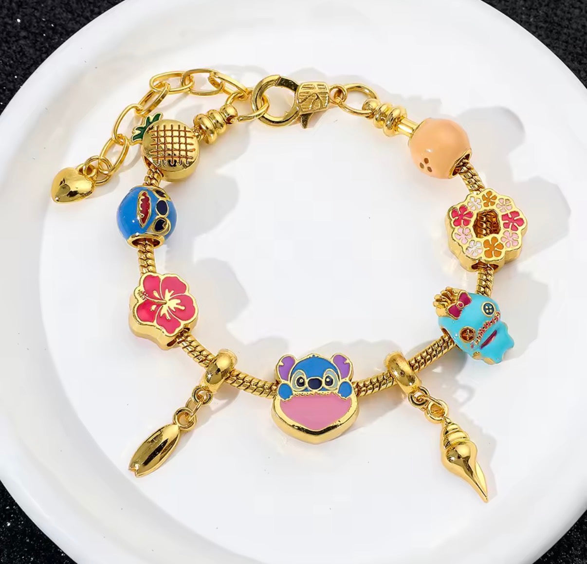 Disney Stitch Series Fashionable Gold Coloured Stitch Love Beaded Charm Bracelet - 17cm + 5cm Adjustable Length - With Giftbox