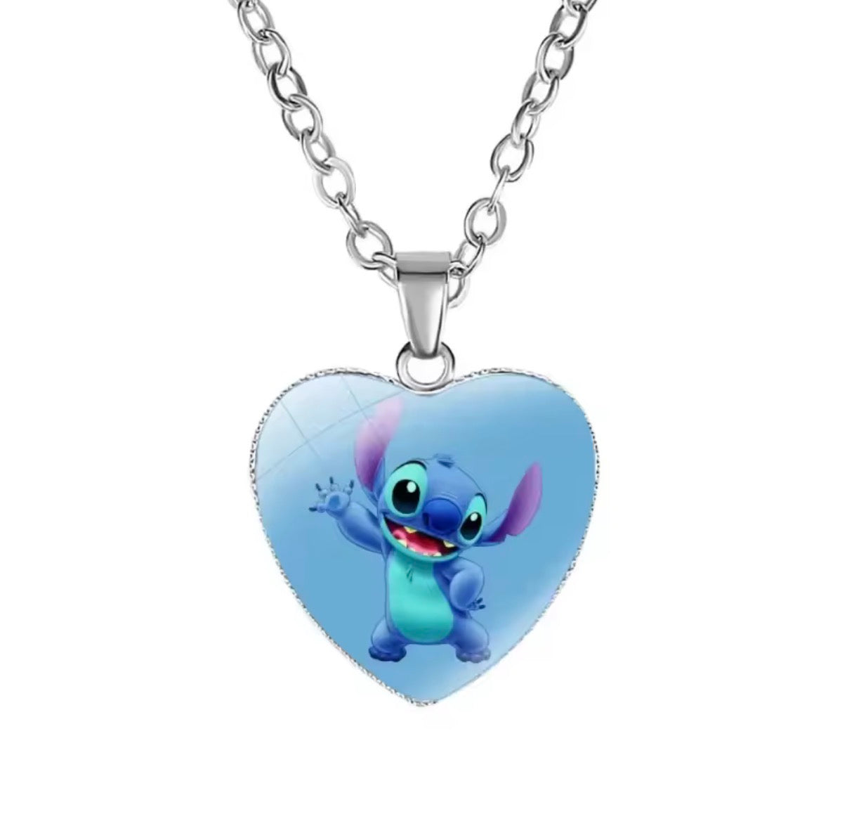 Disney Stitch / Angel - Heart Shaped Silver Coloured Necklace Photo Printed Glass Pendant for Kids & Girls Handmade Jewellery - Anime / Cartoon -
Perfect Birthday / Christmas Gift