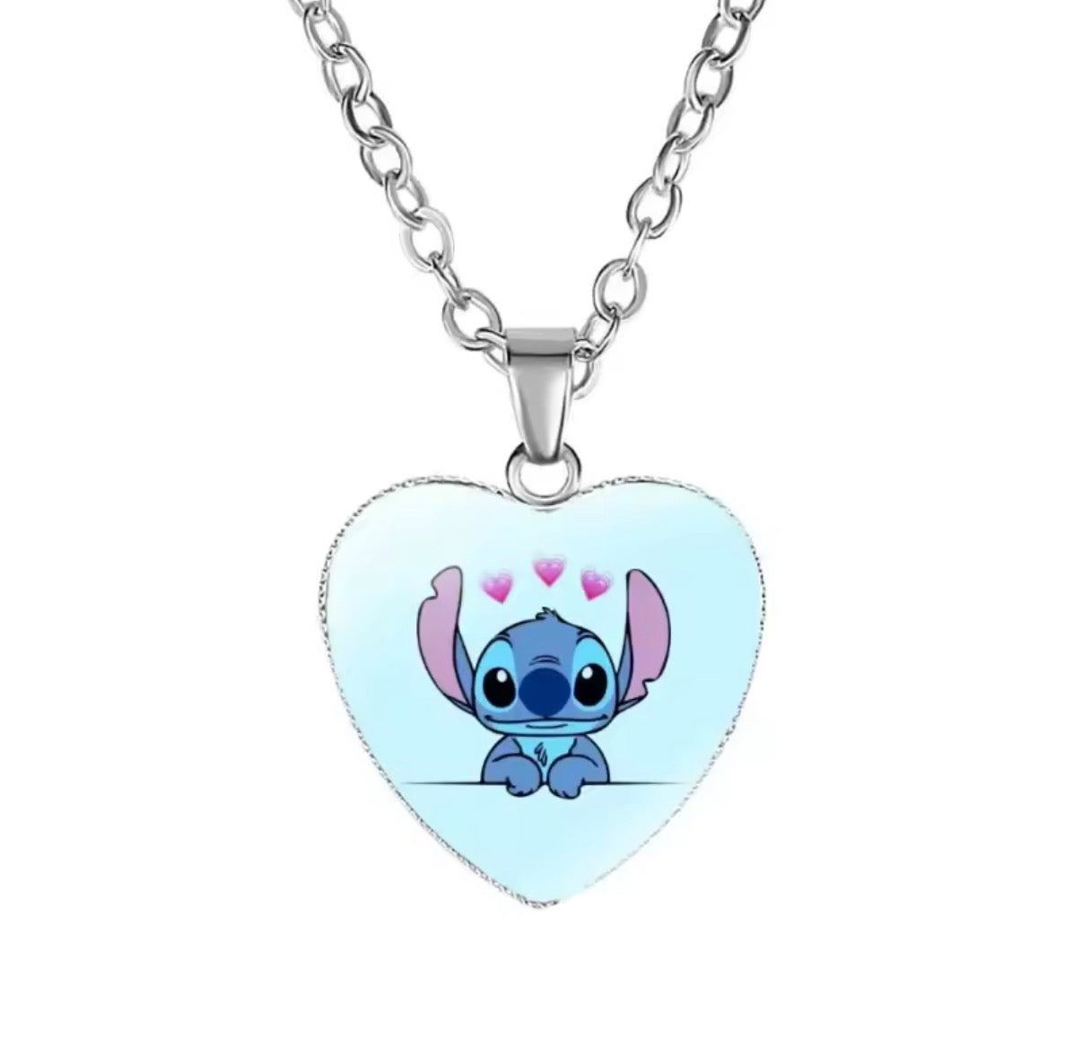 Disney Stitch / Angel - Heart Shaped Silver Coloured Necklace Photo Printed Glass Pendant for Kids & Girls Handmade Jewellery - Anime / Cartoon -
Perfect Birthday / Christmas Gift