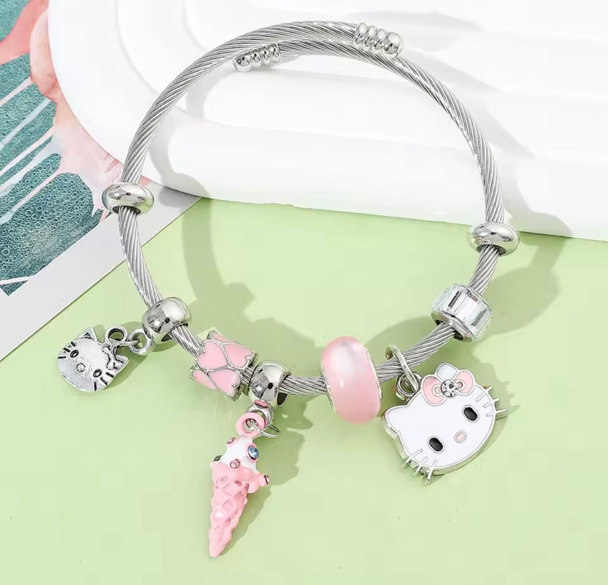 Cute Sanrio Y2K Bracelets Anime Kawaii Hello Kitty Silver Coloured Women/Girls Bangle - Jewellery Accessories - Birthday / Christmas Gift - Bracelet - Blue & Pink Themed