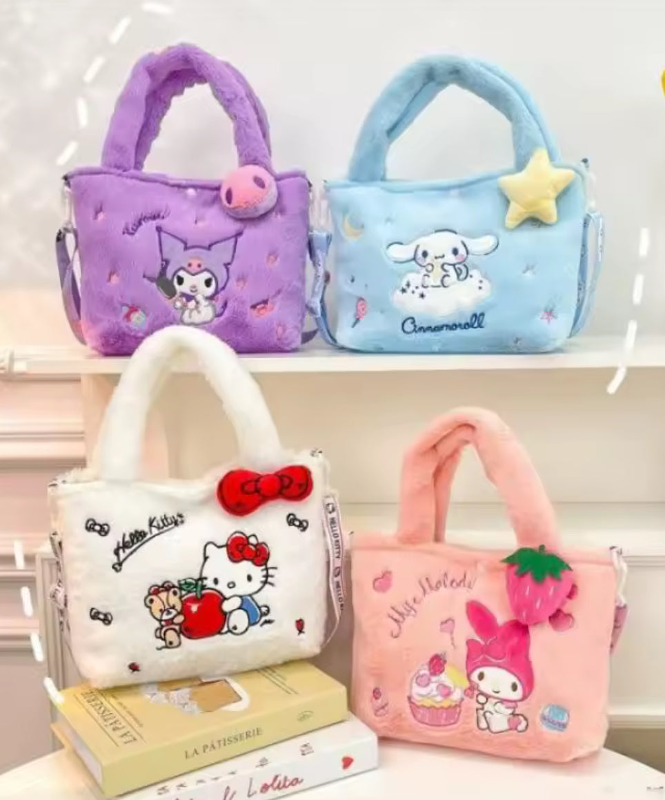 Sanrio Hello Kitty, Kuromi, My Melody, HK & Cinnamoroll Plush Bag - Cute Cartoon Anime Tote Handbag - Large Storage - Women & Girls - School & Travel Bag - Perfect Christmas / Birthday Gift