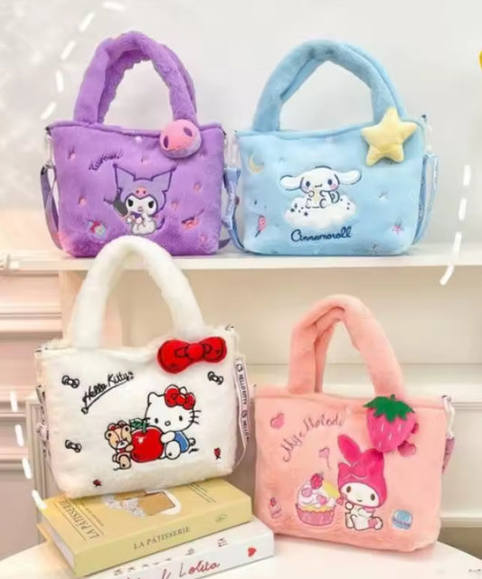 Sanrio Hello Kitty, Kuromi, My Melody, HK & Cinnamoroll Plush Bag - Cute Cartoon Anime Tote Handbag - Large Storage - Women & Girls - School & Travel Bag - Perfect Christmas / Birthday Gift