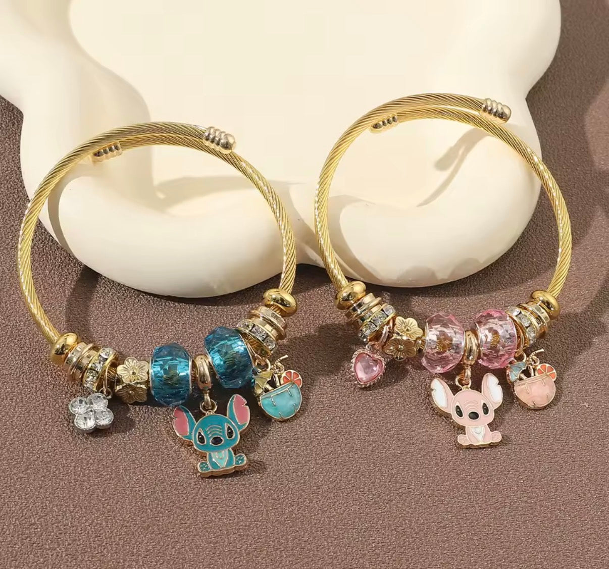 Disney Anime Lilo & Stitch Charms Bracelet - Cartoon Stitch - Beads Bangle - Blue & Pink Themed - Gold Coloured Bangle - Jewellery Gift