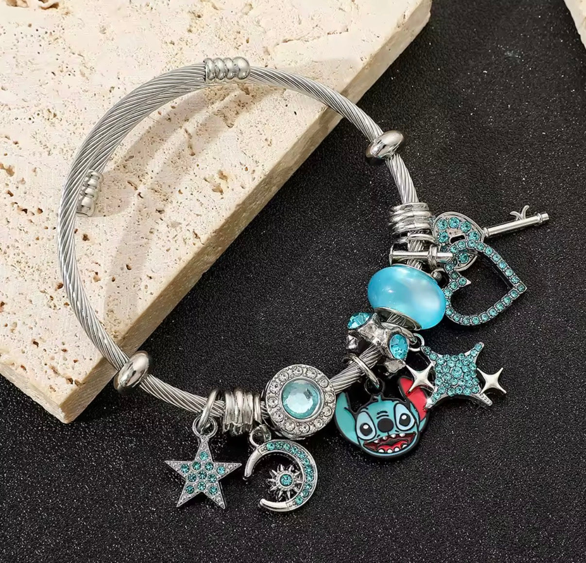 Disney Anime Lilo & Stitch Charms Bracelet - Cartoon Stitch - Beads Bangle - Blue & Pink Themed - Silver Coloured Bangle - Jewellery Gift