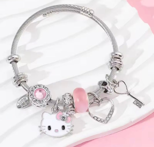 Sanrio Anime Y2K Hello Kitty Charms Bracelet - Cartoon Hello Kitty - Beads Bangle - Silver & Pink Themed - Silver Coloured Bangle - Jewellery Gift