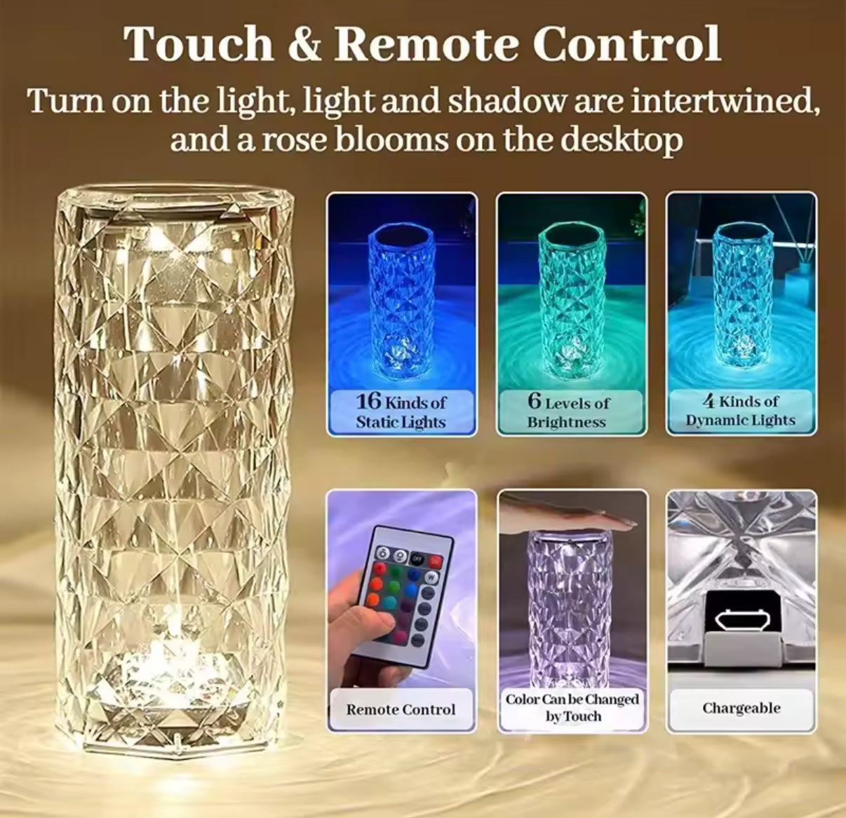 16 Colours - LED Crystal Table Lamp Rose Light Projector Home Bar Decoration Touch Recharging Romantic Diamond Atmosphere Light - USB - Perfect Birthday / Christmas Gift