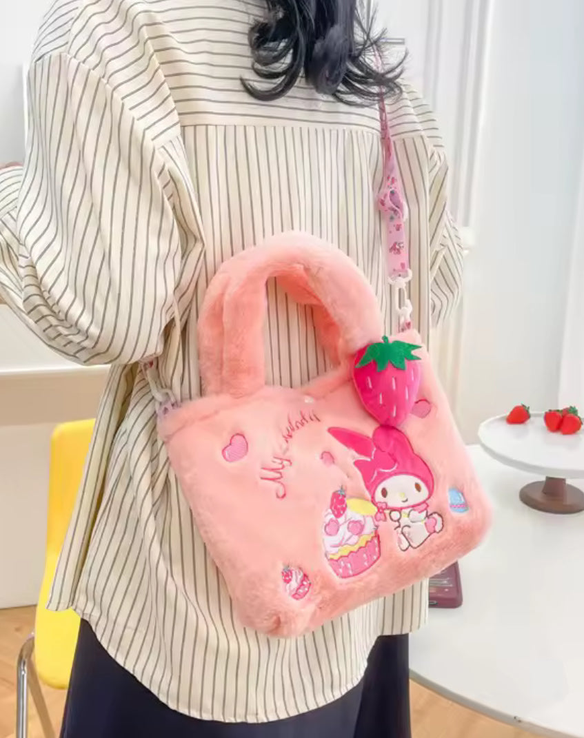 Sanrio Hello Kitty, Kuromi, My Melody, HK & Cinnamoroll Plush Bag - Cute Cartoon Anime Tote Handbag - Large Storage - Women & Girls - School & Travel Bag - Perfect Christmas / Birthday Gift