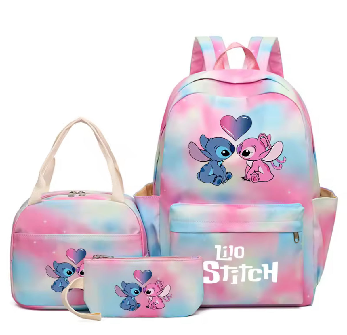 Disney 3Pcs/Set Stitch / Angel Backpack for Girls - Children Rucksack, Lunch Bag & Pen/Storage Bag - Kids Birthday/Christmas Gift - Casual School/Travel Bag