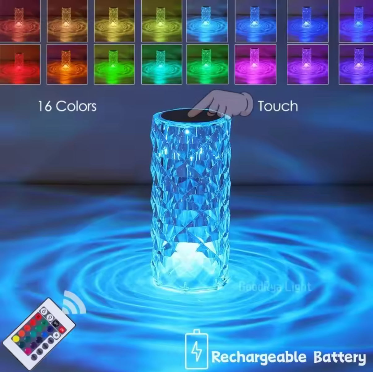 16 Colours - LED Crystal Table Lamp Rose Light Projector Home Bar Decoration Touch Recharging Romantic Diamond Atmosphere Light - USB - Perfect Birthday / Christmas Gift