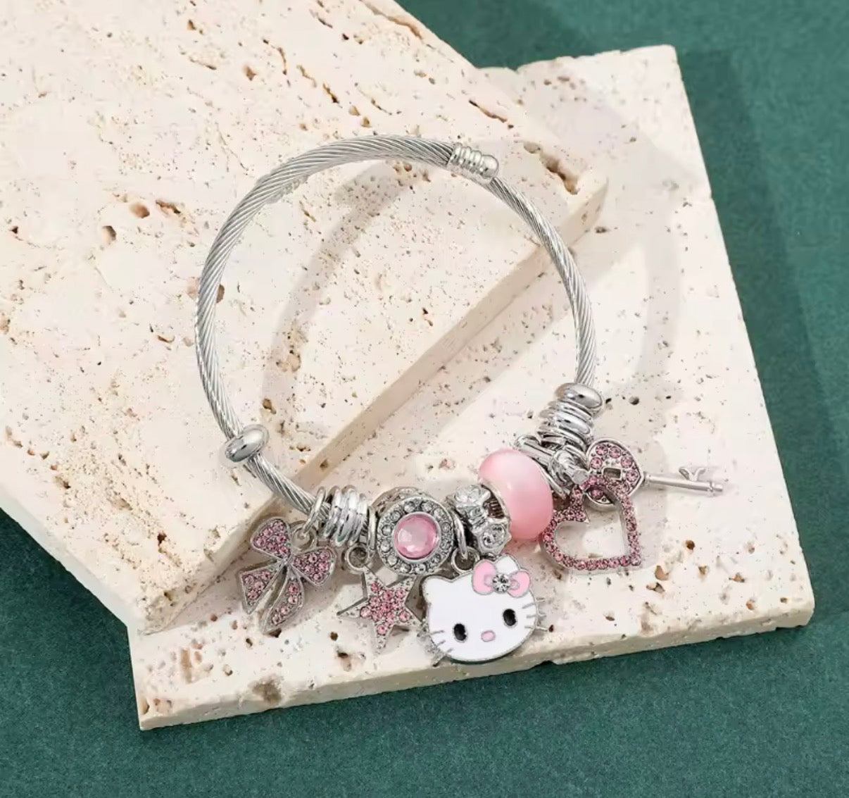 Sanrio Anime Y2K Hello Kitty Charms Bracelet - Cartoon Hello Kitty - Beads Bangle - Silver & Pink Themed - Silver Coloured Bangle - Jewellery Gift