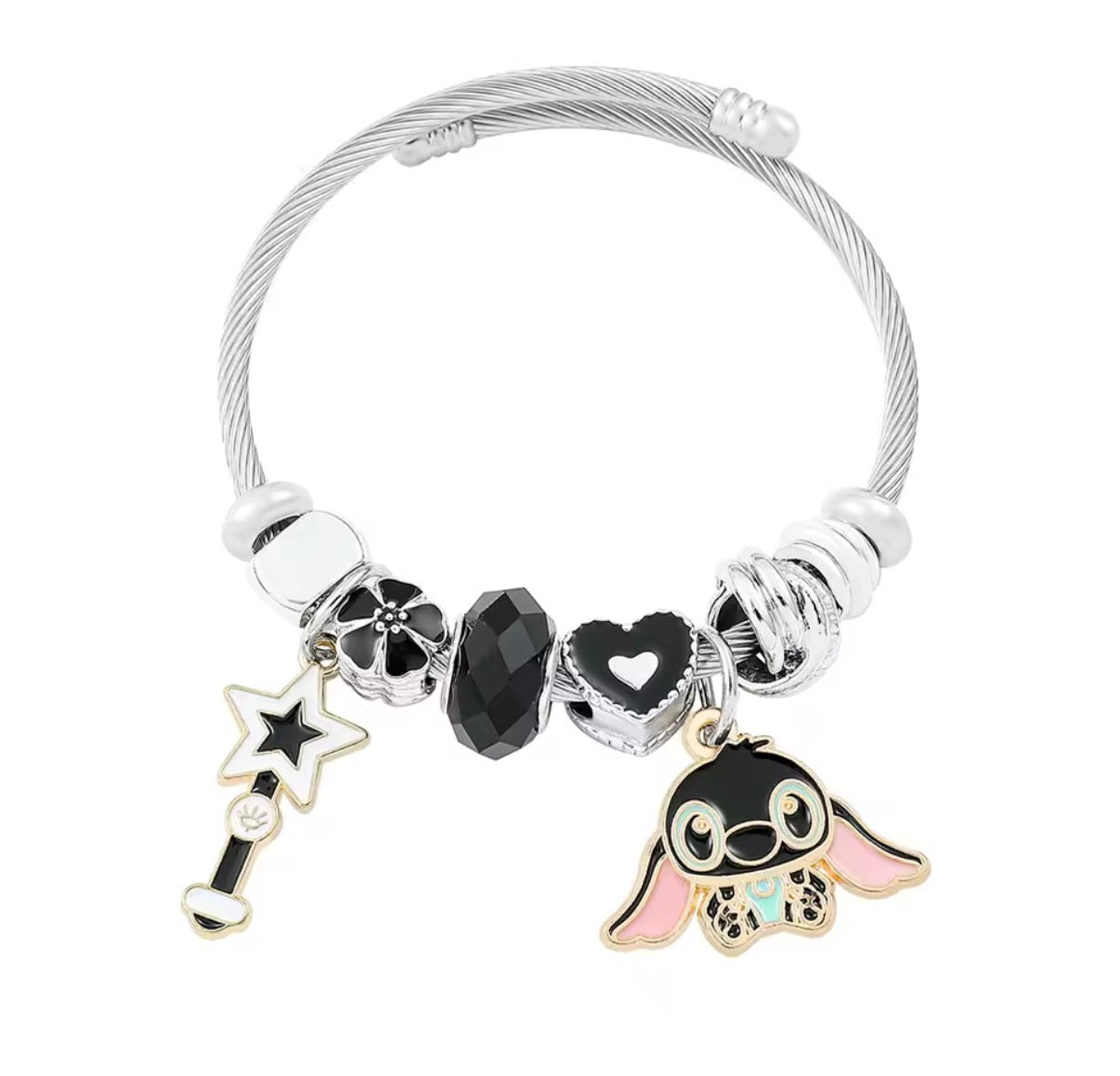 Disney Anime Lilo & Stitch Charms Bracelet - Cartoon Stitch - Beads Bangle - Black Themed - Silver Coloured Bangle - Jewellery Gift