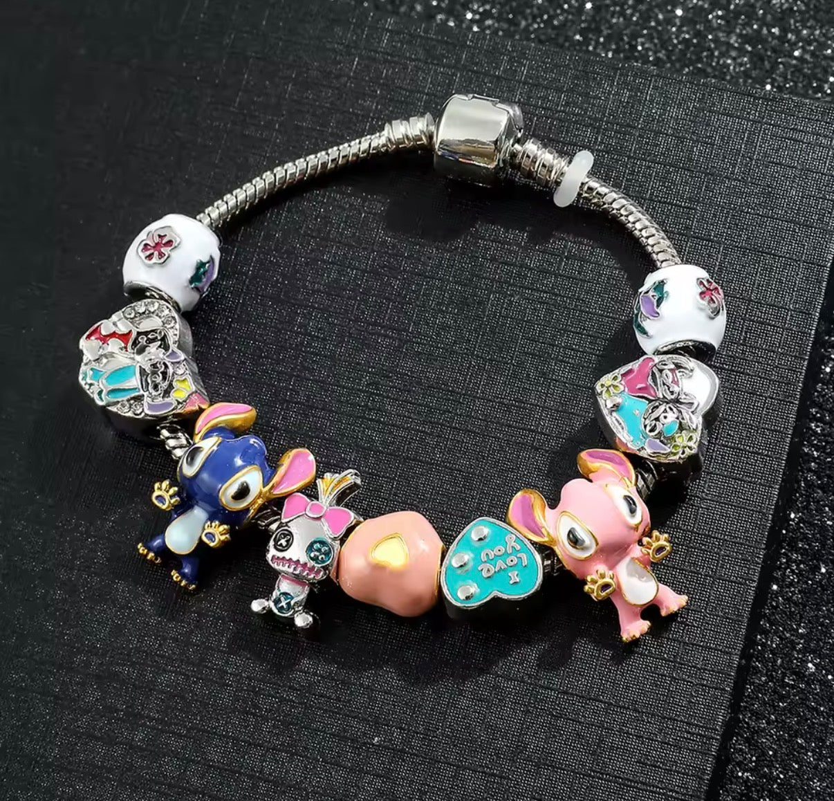 Disney Stitch Series Fashionable Scrump / Angel Themed Silver Coloured Stitch Love Beaded Charm Bracelet - 17cm & 19cm Bracelet Length - With Giftbox