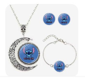 Disney Stitch / Angel 1, 2 & 3 Piece Jewellery Set - Pendant Necklace Star - Silver Coloured - Cartoon Angel Necklace Moon Pendant Couple Anime - Jewellery Birthday / Christmas Gift