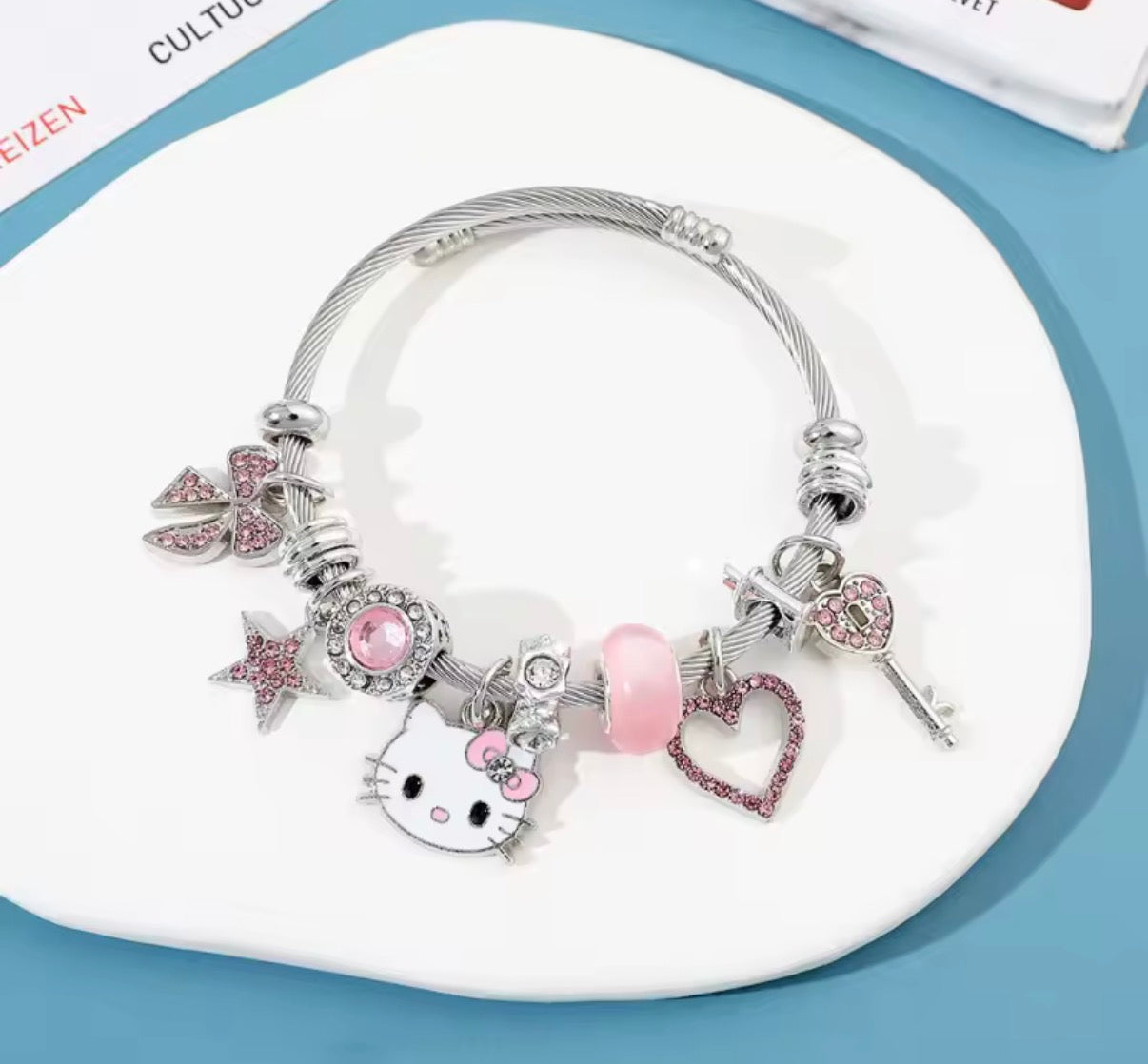 Sanrio Anime Y2K Hello Kitty Charms Bracelet - Cartoon Hello Kitty - Beads Bangle - Silver & Pink Themed - Silver Coloured Bangle - Jewellery Gift