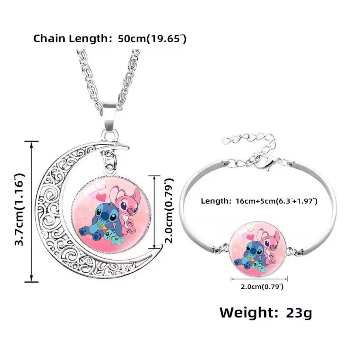 Disney Stitch / Angel 1, 2 & 3 Piece Jewellery Set - Pendant Necklace Star - Silver Coloured - Cartoon Angel Necklace Moon Pendant Couple Anime - Jewellery Birthday / Christmas Gift