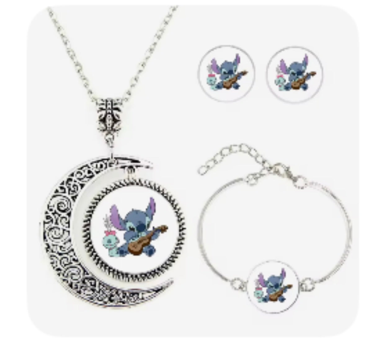 Disney Stitch / Angel 1, 2 & 3 Piece Jewellery Set - Pendant Necklace Star - Silver Coloured - Cartoon Angel Necklace Moon Pendant Couple Anime - Jewellery Birthday / Christmas Gift