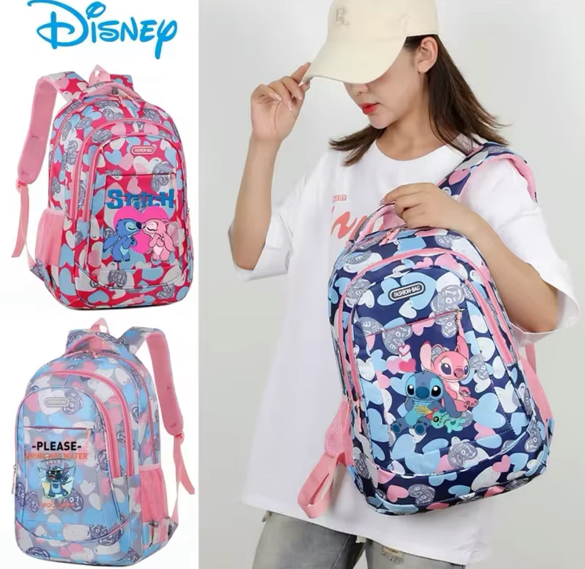 Disney Stitch & Angel Blue / Pink Double Shoulder Backpack for Girls - Back To School Rucksack - Casual School Bags / Travel Bag - Perfect Gift