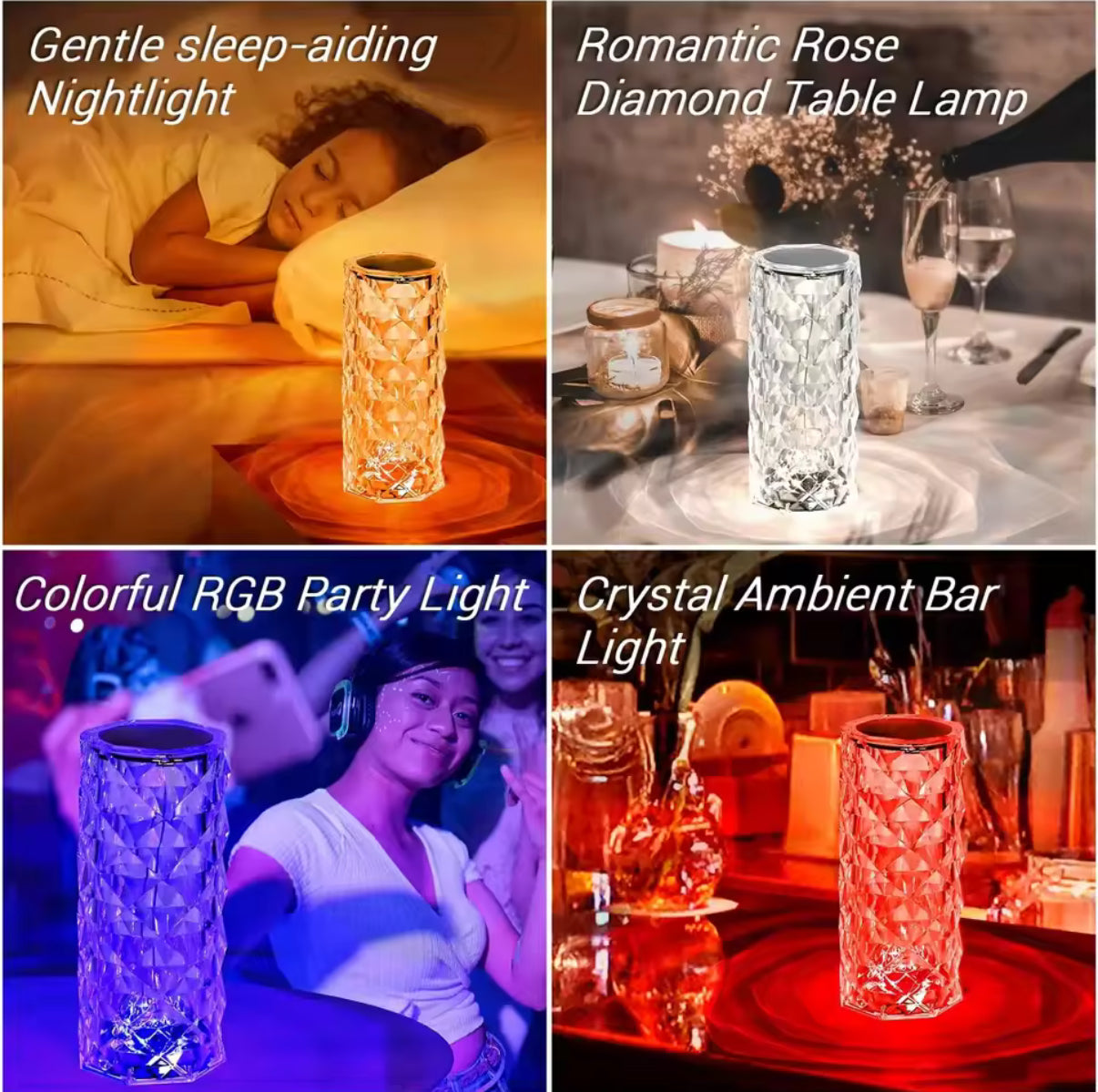 16 Colours - LED Crystal Table Lamp Rose Light Projector Home Bar Decoration Touch Recharging Romantic Diamond Atmosphere Light - USB - Perfect Birthday / Christmas Gift