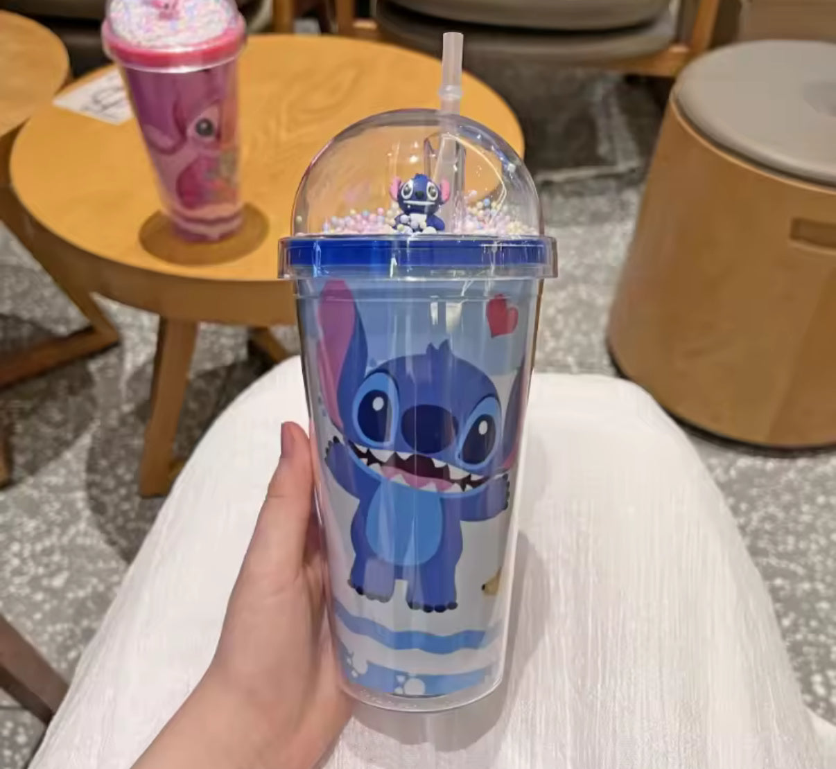 Stitch / Angel 450ml Double Layer Plastic Water Cup With Straw Portable Creative Gift Bottle For Milk Coffee Tea and any other hot or cold drink - Handy Cup for Kids - Perfect Christmas / Birthday Gift