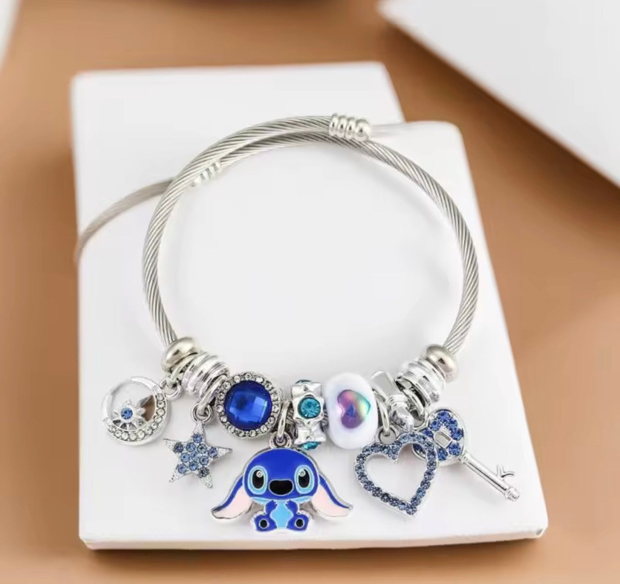Disney Anime Lilo & Stitch Charms Bracelet - Cartoon Stitch - Beads Bangle - Blue & Pink Themed - Silver Coloured Bangle - Jewellery Gift