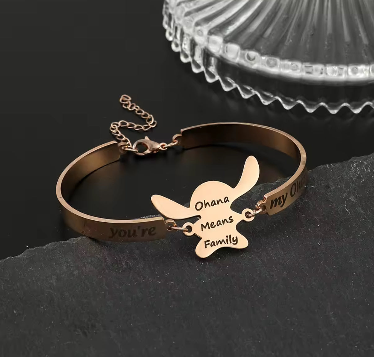 Stitch Anime / Cartoon - Ohana Means Family Anime
Bracelet - Stainless Steel Jewellery - Cute Bracelets Gift for Girl / Woman - Silver & Rose Gold Coloured