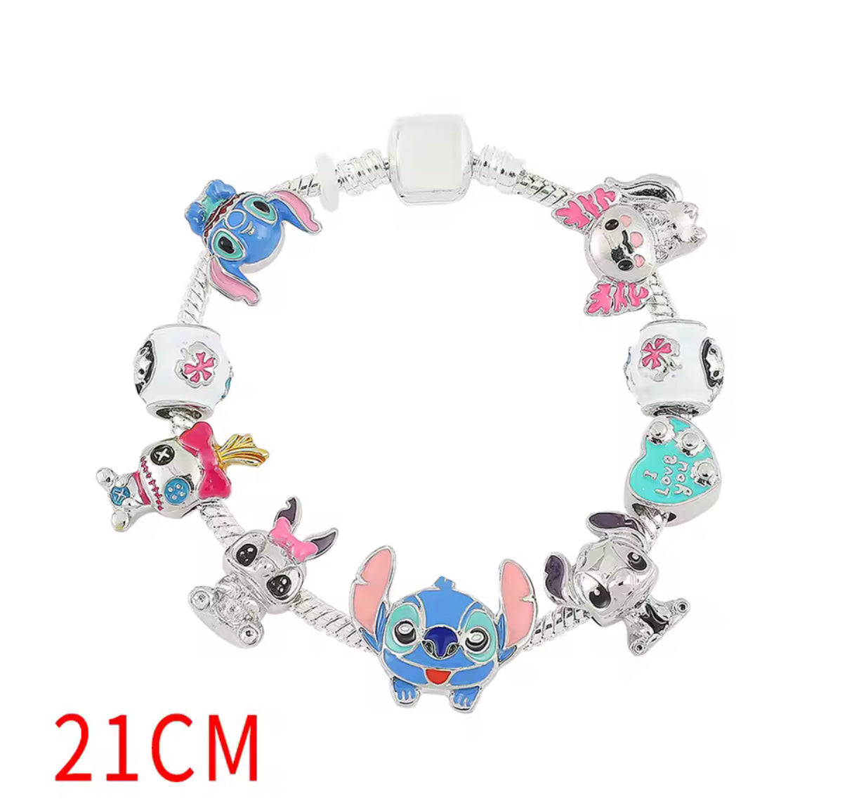 Disney Stitch Charm Metal Rope Bracelet - Anime /Cartoon - Stitch Inspired Silver Coloured Metal Bracelet DIY Pendants Bracelet For Women & Girls - Jewellery Gifts - 9 Charms - Bracelet Length Available in 17cm, 19cm, 21cm