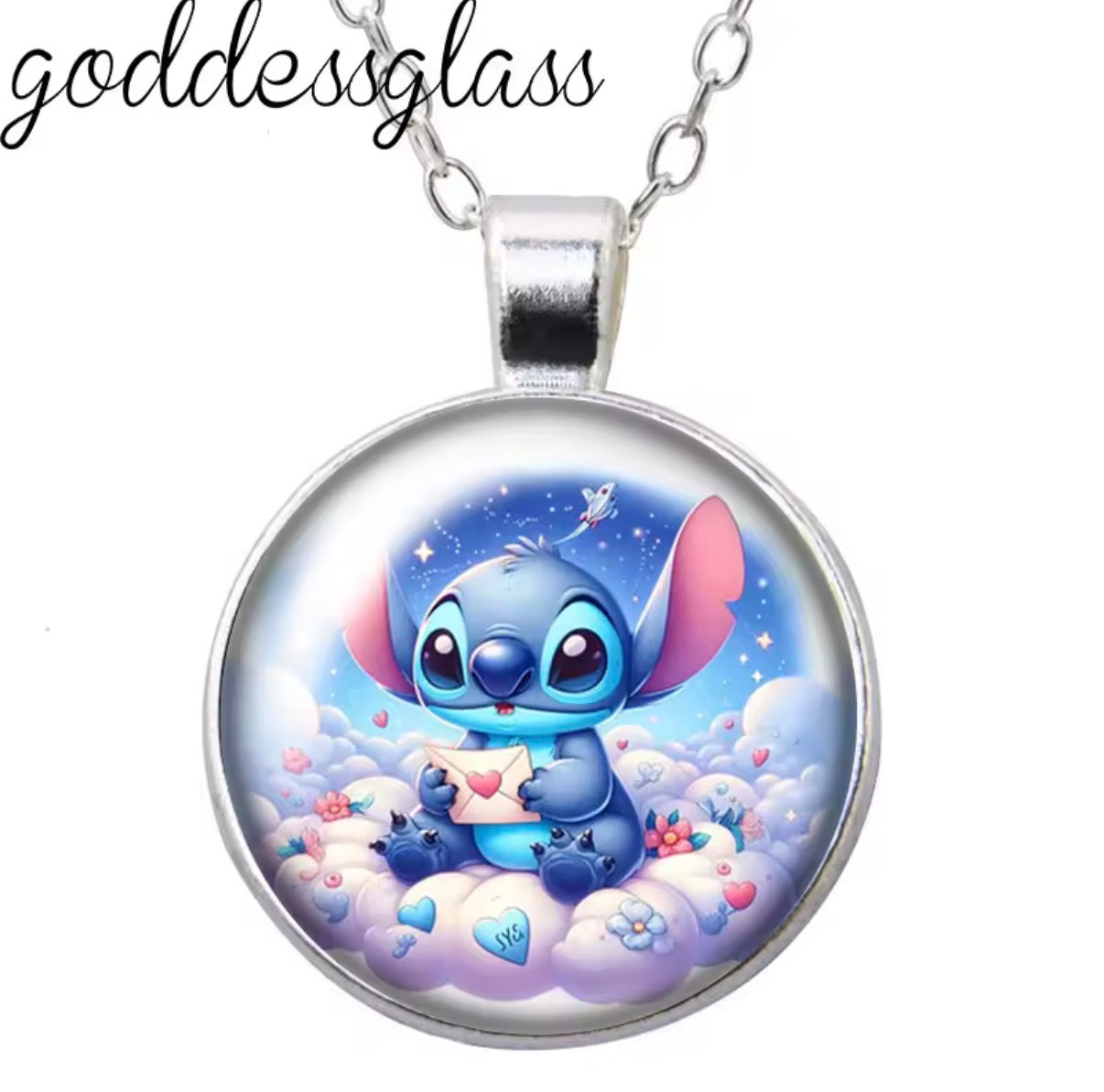 Disney Cute Stitch Love Hearts Round Photo Glass Cabochon Silver Plated Pendant - Necklace Jewellery Birthday / Christmas Gift