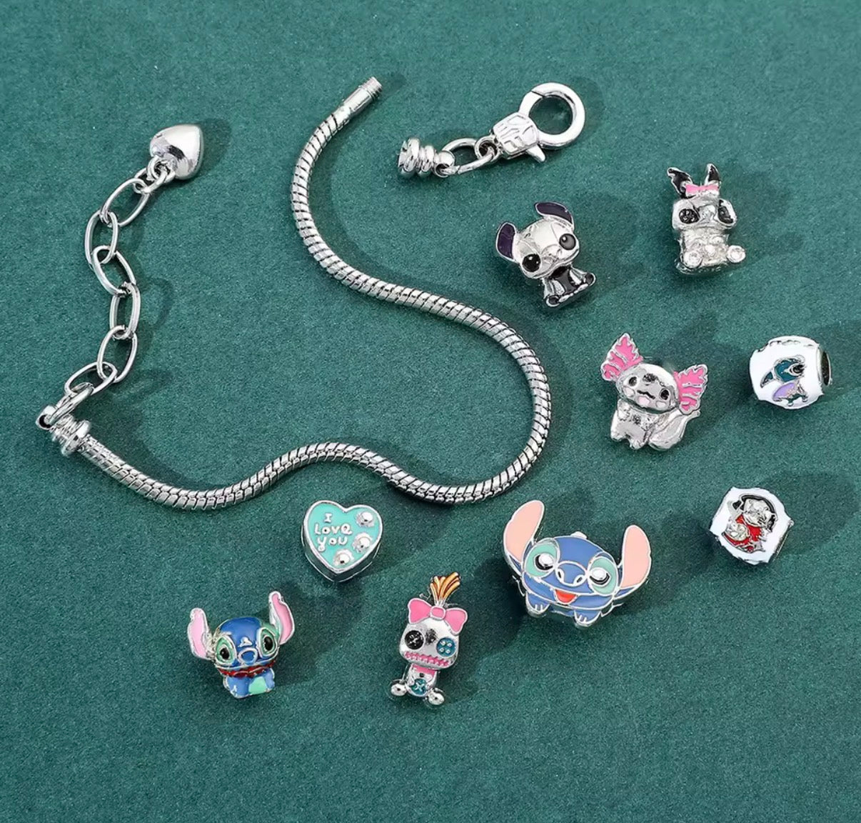 Disney Stitch Charm Metal Rope Bracelet - Anime /Cartoon - Stitch Inspired Silver Coloured Metal Bracelet DIY Pendants Bracelet For Women & Girls - Jewellery Gifts - 9 Charms - Adjustable Bracelet Length 17cm+5cm