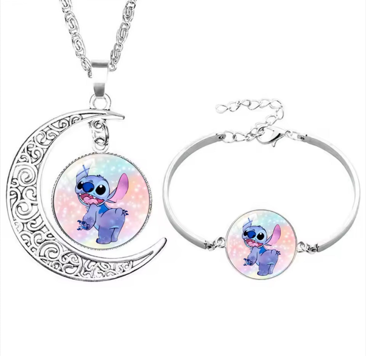 Disney Stitch / Angel 1, 2 & 3 Piece Jewellery Set - Pendant Necklace Star - Silver Coloured - Cartoon Angel Necklace Moon Pendant Couple Anime - Jewellery Birthday / Christmas Gift