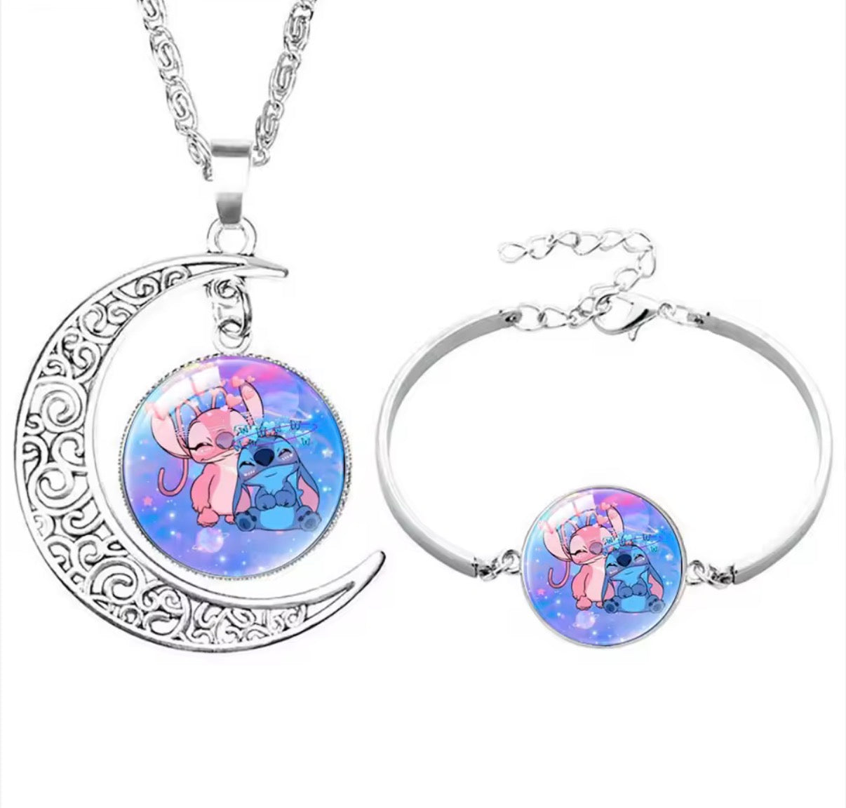 Disney Stitch / Angel 1, 2 & 3 Piece Jewellery Set - Pendant Necklace Star - Silver Coloured - Cartoon Angel Necklace Moon Pendant Couple Anime - Jewellery Birthday / Christmas Gift