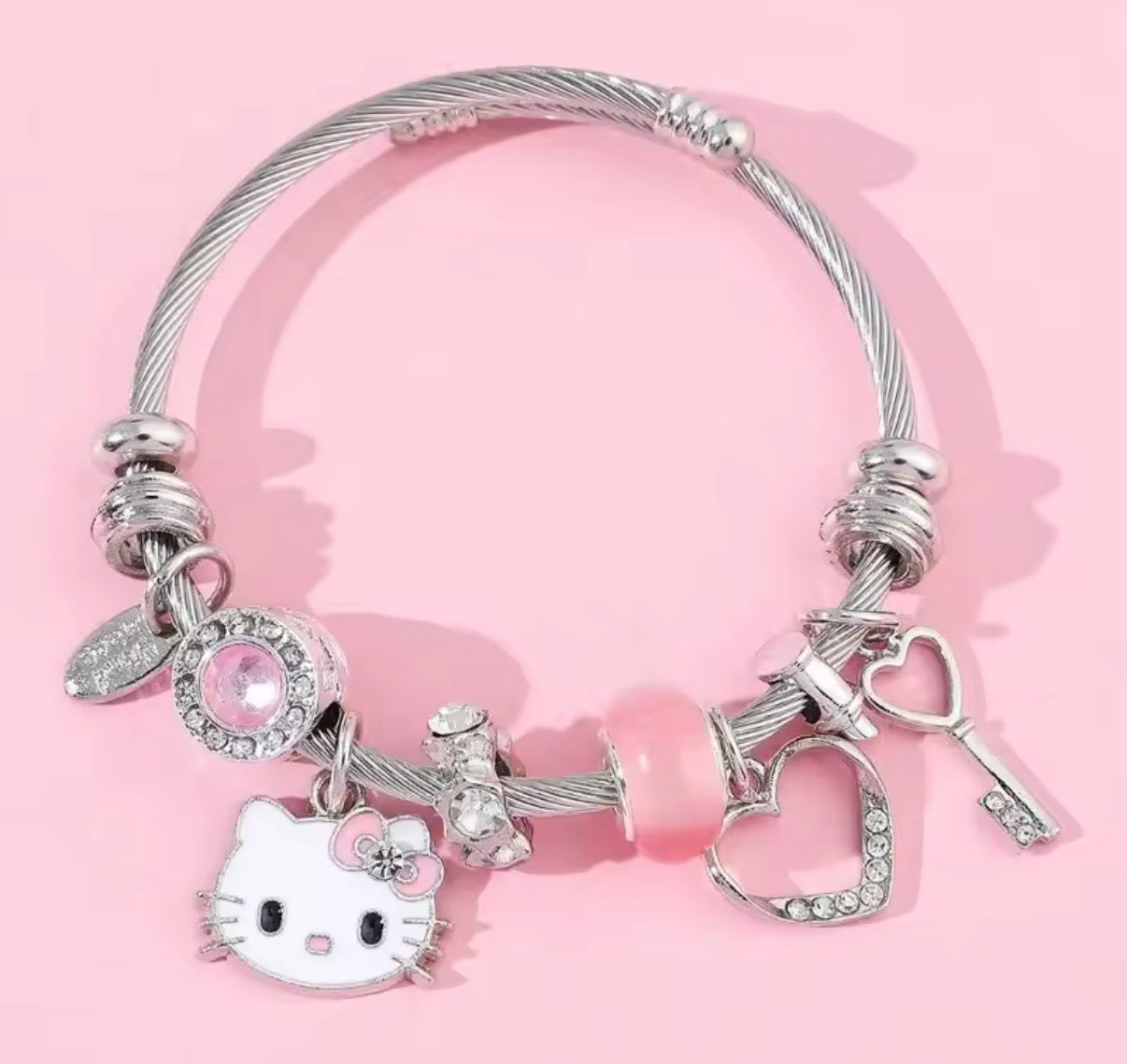 Sanrio Anime Y2K Hello Kitty Charms Bracelet - Cartoon Hello Kitty - Beads Bangle - Silver & Pink Themed - Silver Coloured Bangle - Jewellery Gift