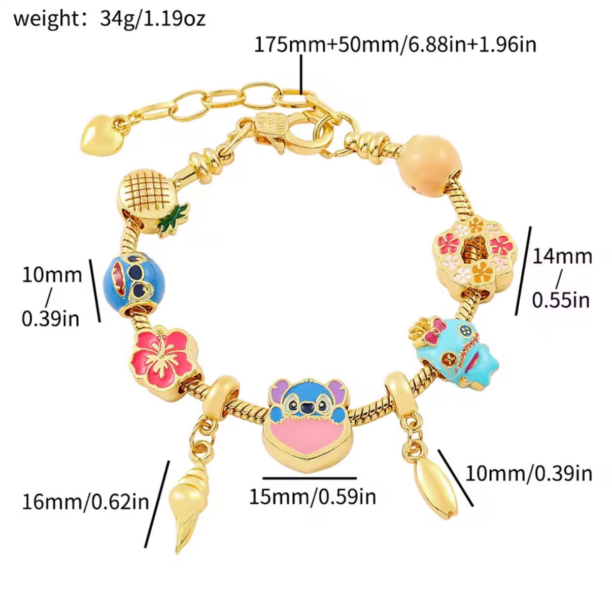 Disney Stitch Series Fashionable Gold Coloured Stitch Love Beaded Charm Bracelet - 17cm + 5cm Adjustable Length - With Giftbox