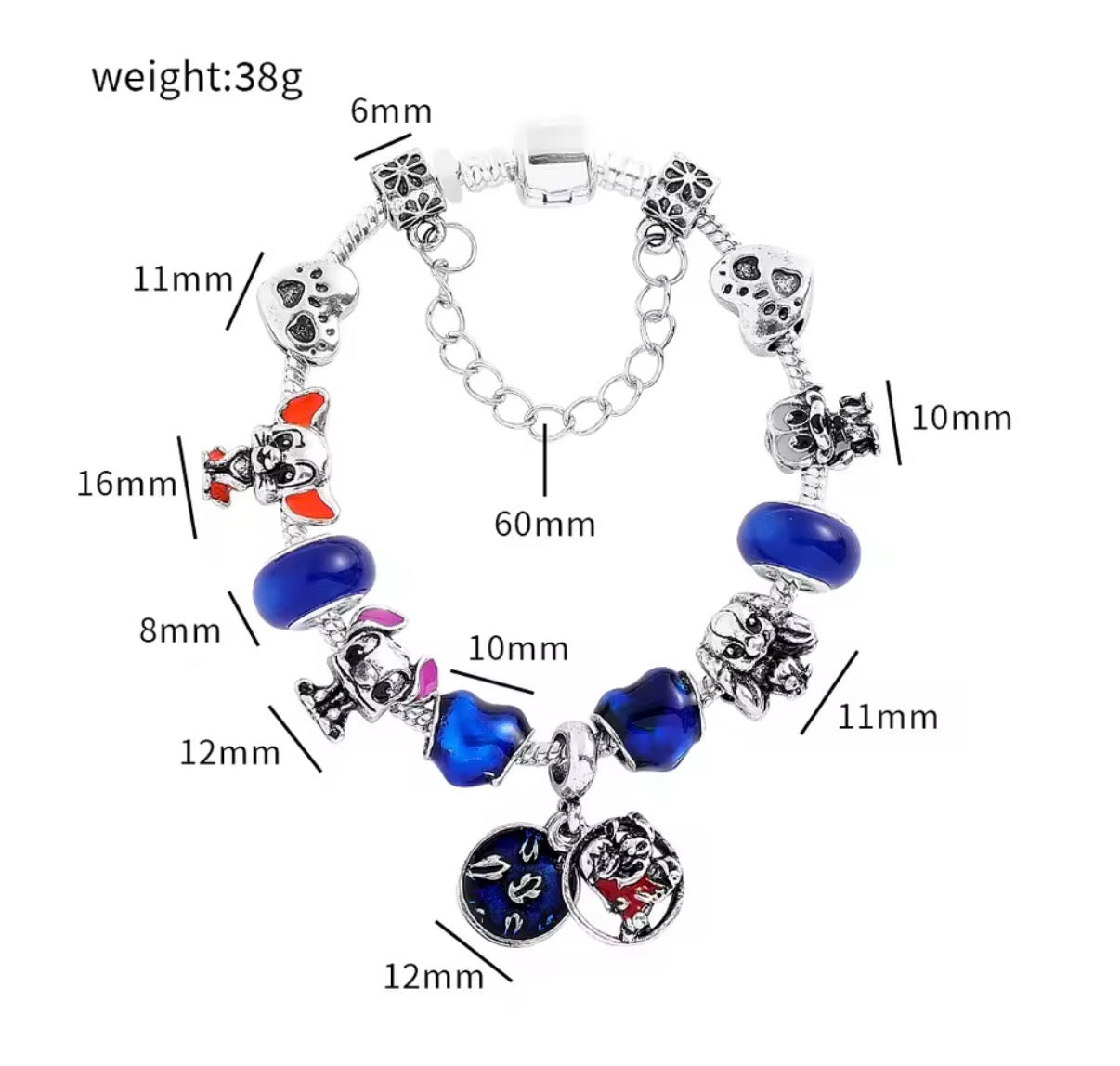 Disney Stitch Fashionable Cute - Stitch Blue Themed Silver Coloured Stitch Love Beaded Charm Bracelet - Adjustable 19cm + 5cm - With Giftbox