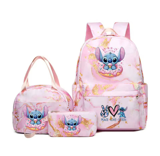 Disney 3Pcs/Set Stitch / Angel Backpack for Girls - Children Rucksack, Lunch Bag & Pen/Storage Bag - Kids Birthday/Christmas Gift - Casual School/Travel Bag