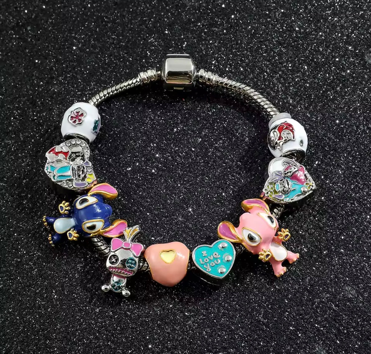 Disney Stitch Series Fashionable Scrump / Angel Themed Silver Coloured Stitch Love Beaded Charm Bracelet - 17cm & 19cm Bracelet Length - With Giftbox