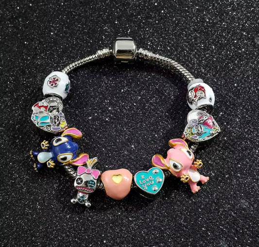 Disney Stitch Series Fashionable Scrump / Angel Themed Silver Coloured Stitch Love Beaded Charm Bracelet - 17cm & 19cm Bracelet Length - With Giftbox