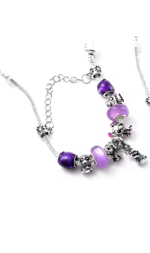 Disney Stitch Fashionable Cute - Stitch Purple Themed Silver Coloured Stitch Love Beaded Charm Bracelet - Adjustable 17cm + 5cm & 19cm + 5cm - With Giftbox