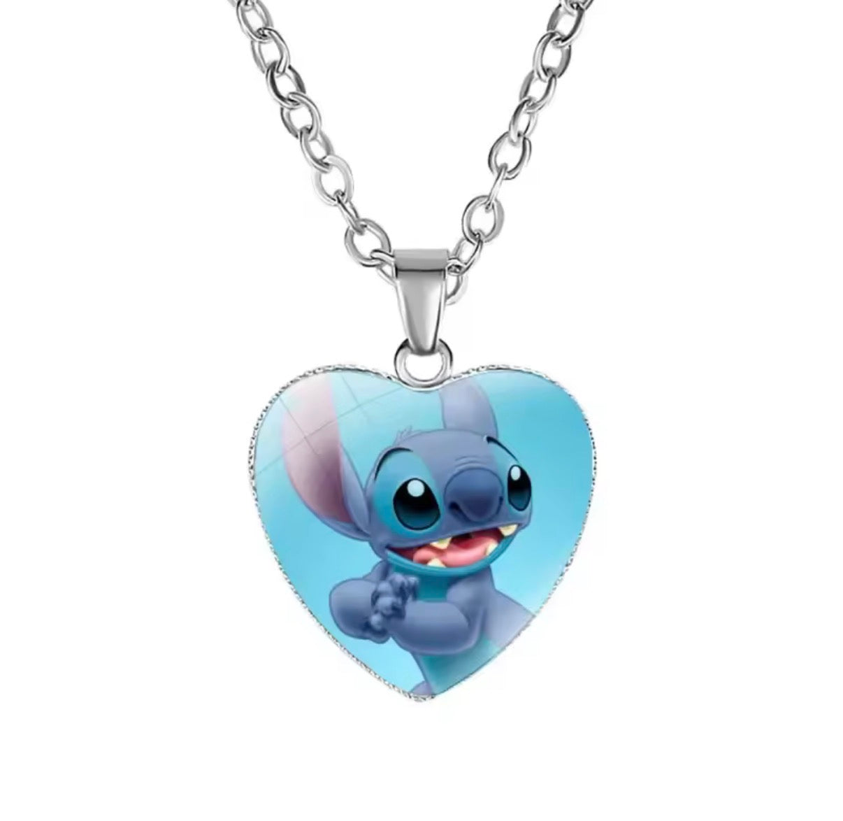 Disney Stitch / Angel - Heart Shaped Silver Coloured Necklace Photo Printed Glass Pendant for Kids & Girls Handmade Jewellery - Anime / Cartoon -
Perfect Birthday / Christmas Gift