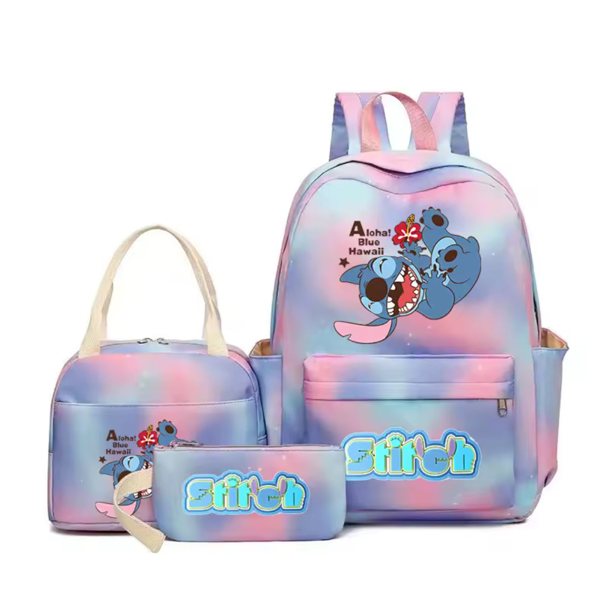 Disney 3Pcs/Set Stitch / Angel Backpack for Girls - Children Rucksack, Lunch Bag & Pen/Storage Bag - Kids Birthday/Christmas Gift - Casual School/Travel Bag