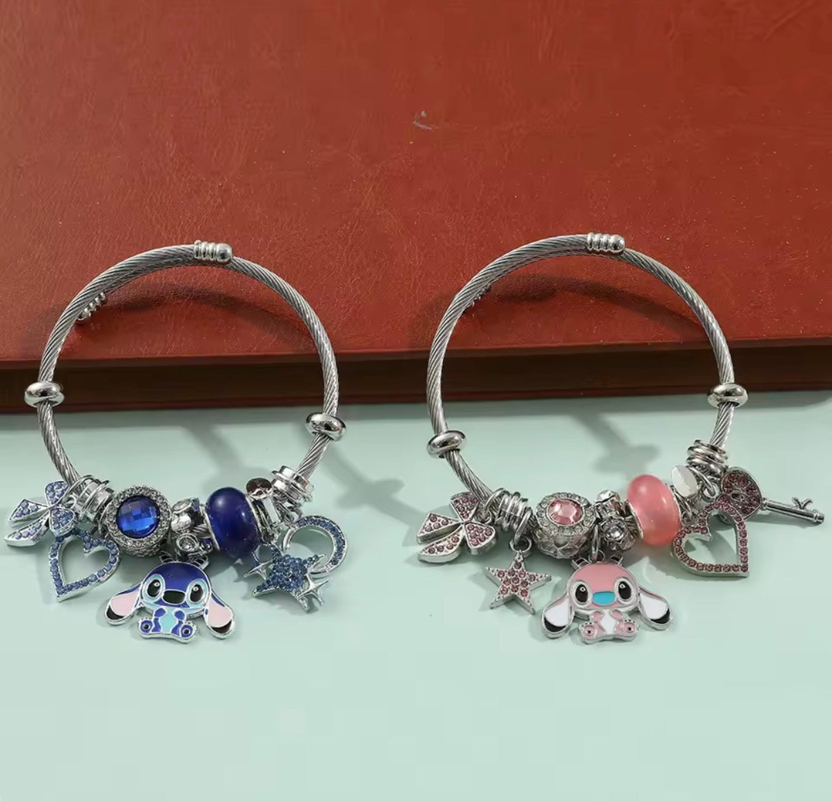 Disney Anime Lilo & Stitch Charms Bracelet - Cartoon Stitch - Beads Bangle - Blue & Pink Themed - Silver Coloured Bangle - Jewellery Gift