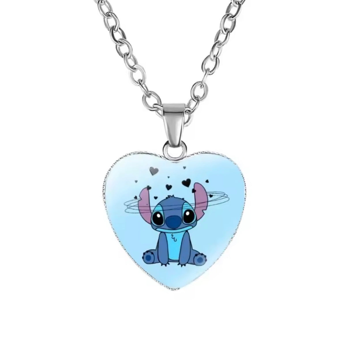 Disney Stitch / Angel - Heart Shaped Silver Coloured Necklace Photo Printed Glass Pendant for Kids & Girls Handmade Jewellery - Anime / Cartoon -
Perfect Birthday / Christmas Gift