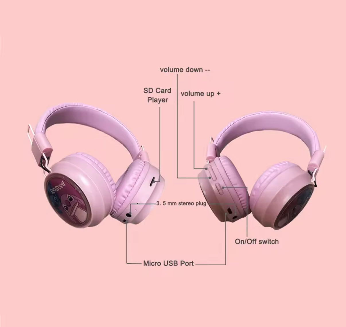 Disney Lilo & Stitch / Angel Pink & Or Blue Cartoon Bluetooth Sports Headphones - Wireless Headworn Gaming Headphones - Anime - Perfect Gift For Kids - Birthday / Christmas