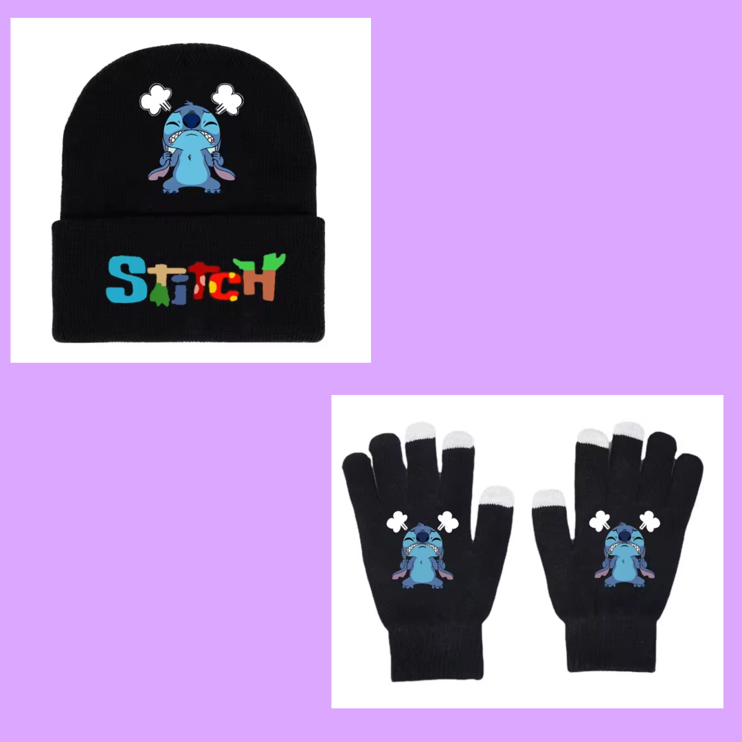 Disney Stitch / Angel Knitted Hat & Glove Set - Kids Autumn / Winter Warm Black Fishnet Mittens - Anime Figure Cartoon Headgear - Decoration - Gifts