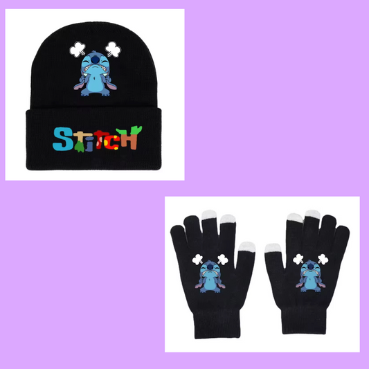 Disney Stitch / Angel Knitted Hat & Glove Set - Kids Autumn / Winter Warm Black Fishnet Mittens - Anime Figure Cartoon Headgear - Decoration - Gifts