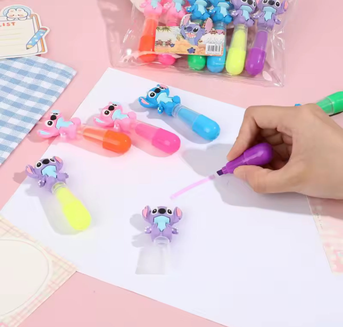 6pcs Stitch Bagged Mini Highlighter Lilo & Stitch - 6 Colour Pen Set - Cute Student Marker Stationery Gift**