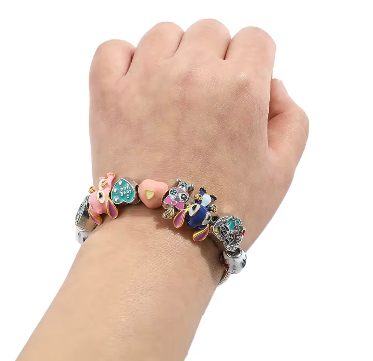 Disney Stitch Series Fashionable Scrump / Angel Themed Silver Coloured Stitch Love Beaded Charm Bracelet - 17cm & 19cm Bracelet Length - With Giftbox