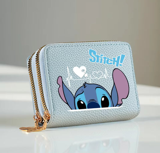 Disney Stitch Design PU Leather Wallet - Double Zipper Short Coin Purse with Card Slots, Cute Cartoon Style, 2 Colours Available - Anime - Perfect Christmas / Birthday Gift For Kids
