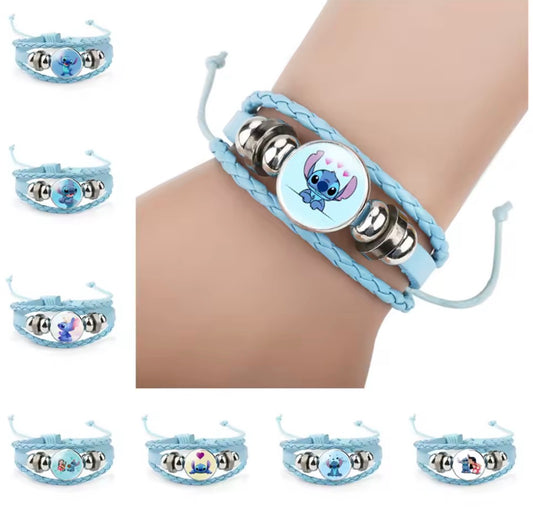 Disney Stitch - Handmade Woven Bracelet Sapphire Blue, Pink & Black Multilayer Cowhide Pendant Rope Bracelet - Animation Surrounding - Kids Birthday / Christmas Gift - 27 Various Designs