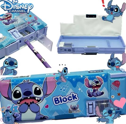 Stitch Anime Kids Double Sided Storage Box With Pencil Sharpener - Cartoon Pencil Case - School Stationery Storage - Perfect Gift For Kids Children For Birthday / Christmas