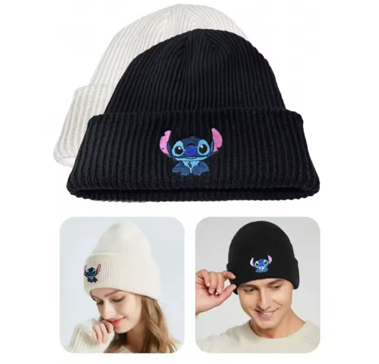 Disney Stitch Knitted Hat - Cartoon Embroidered Benie Cap - Cute - Unisex - Warm Stretchy Hats Christmas Gift for Adult/Kids Outdoor Thermal Caps - Available in 5 Colours